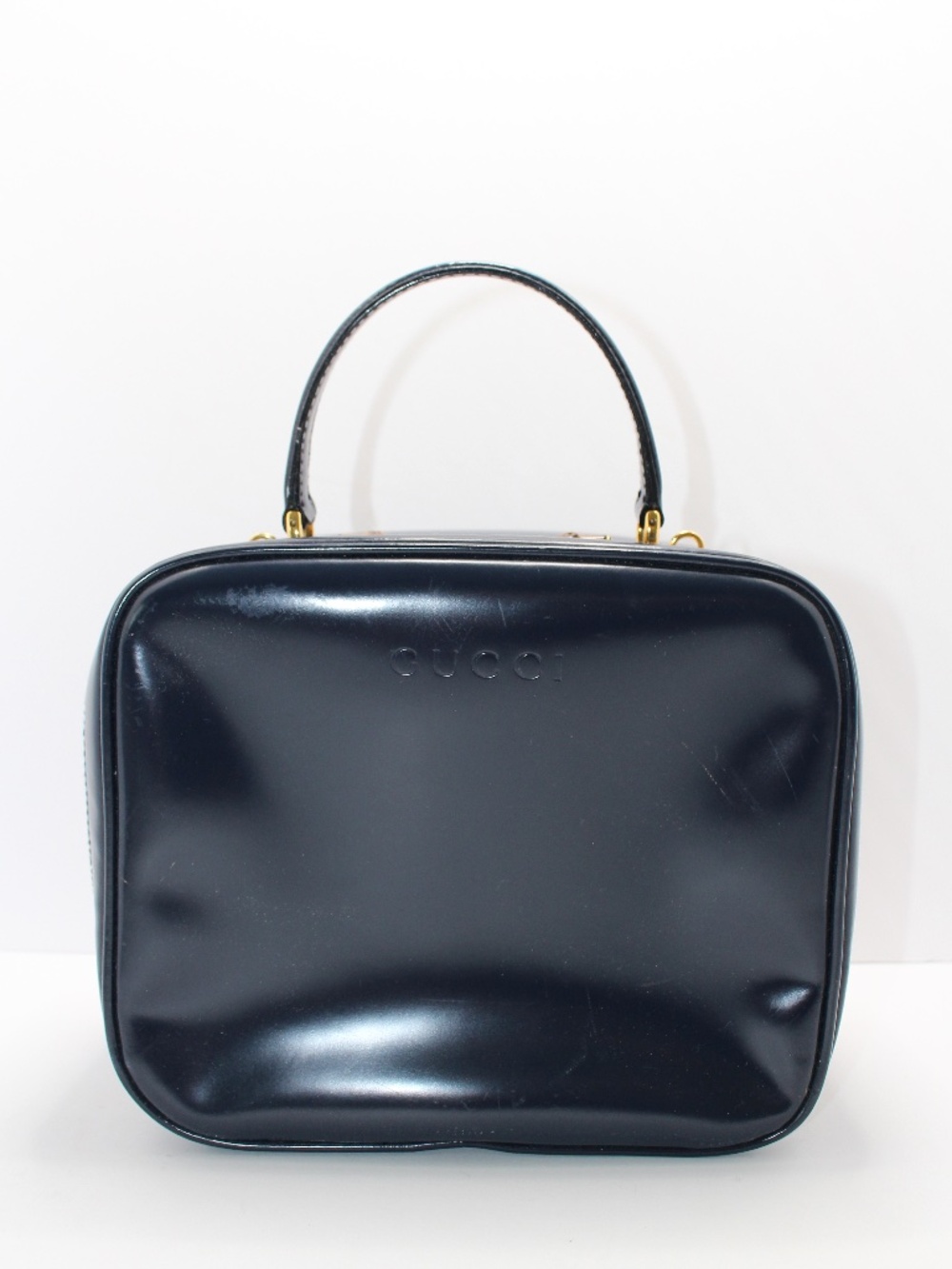 1980s Vintage Gucci Navy Leather Bamboo Handle Vanity Top Handle Bag